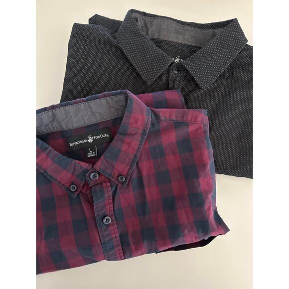 Set/2 Beverly Hills Polo Club L button shirts collared plaid black longsleeve - Picture 3 of 11